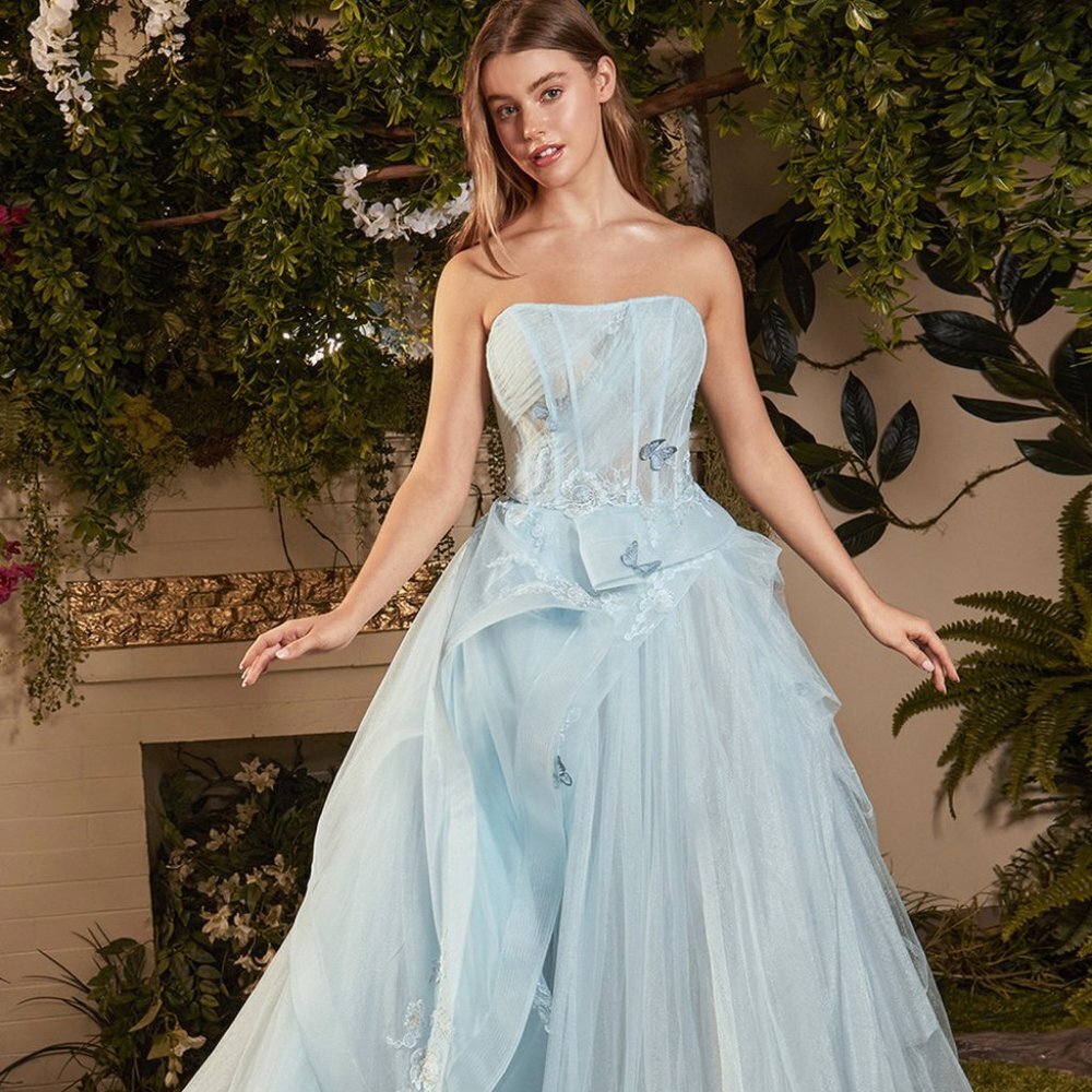 NEW BLUE TULLE OFF THE SHOULDER STRAPLESS LONG DRESS WITH ZIPPER BACK A1021